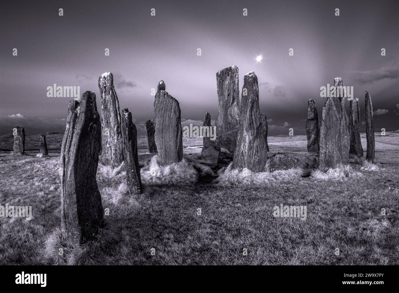 The Calanais Standing Stones at moonset, pre-dawn, Isle of Lewis, Scotland Stock Photo
