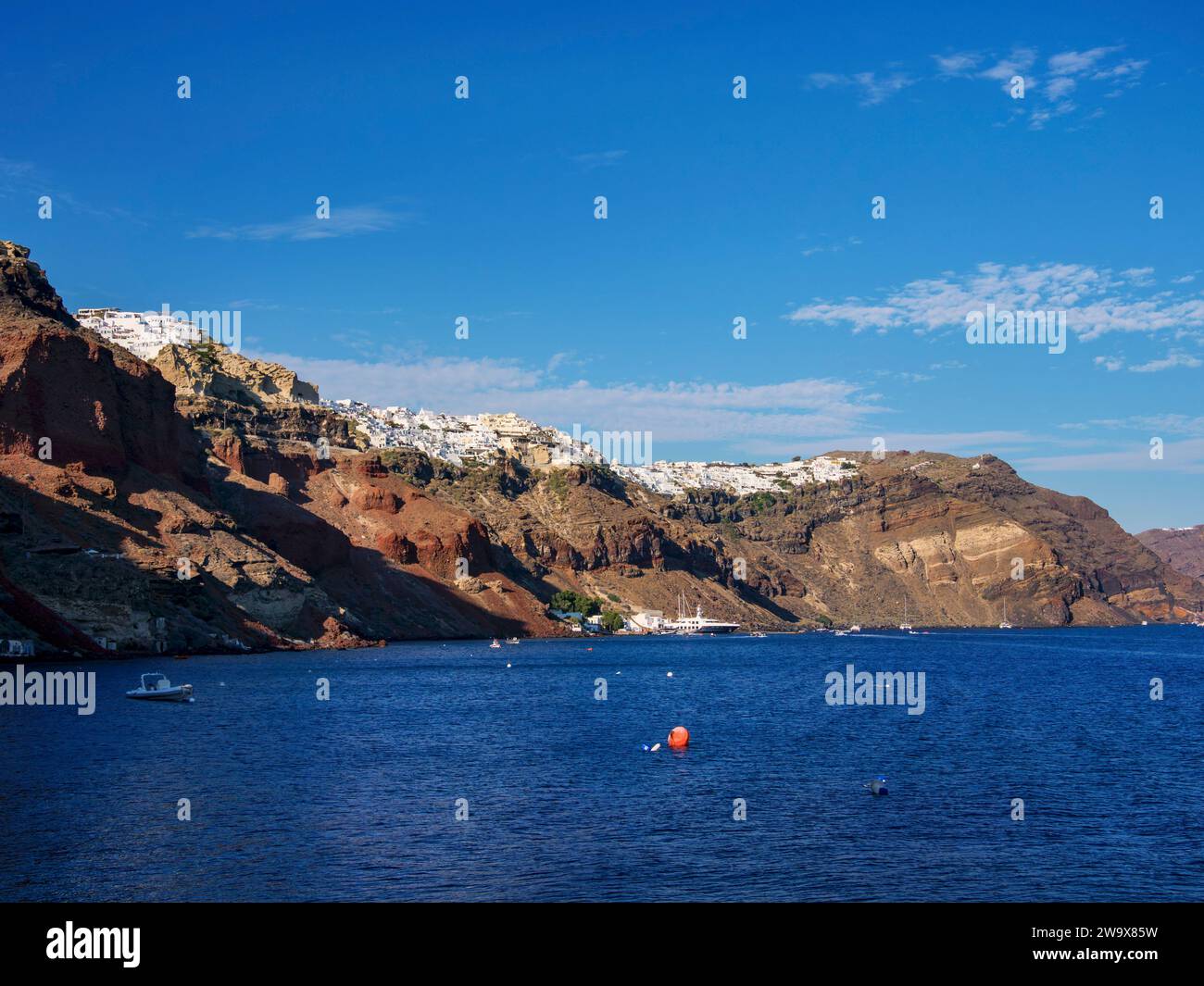 Oia Village, low angle view, Santorini or Thira Island, Cyclades, Greece Stock Photo