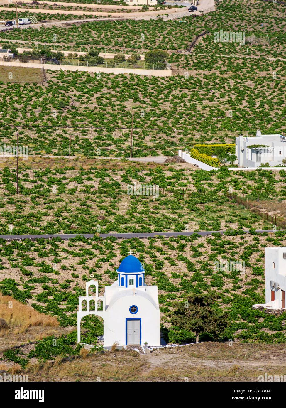 Holy Trinity Church, elevated view, Akrotiri Village, Santorini or Thira Island, Cyclades, Greece Stock Photo