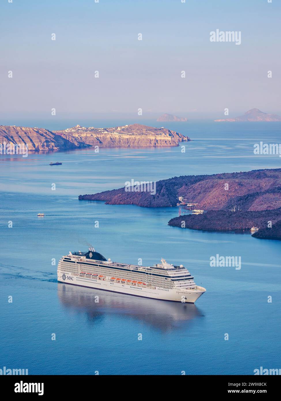 Cruise Ship at the caldera seen from Fira, Santorini or Thira Island, Cyclades, Greece Stock Photo