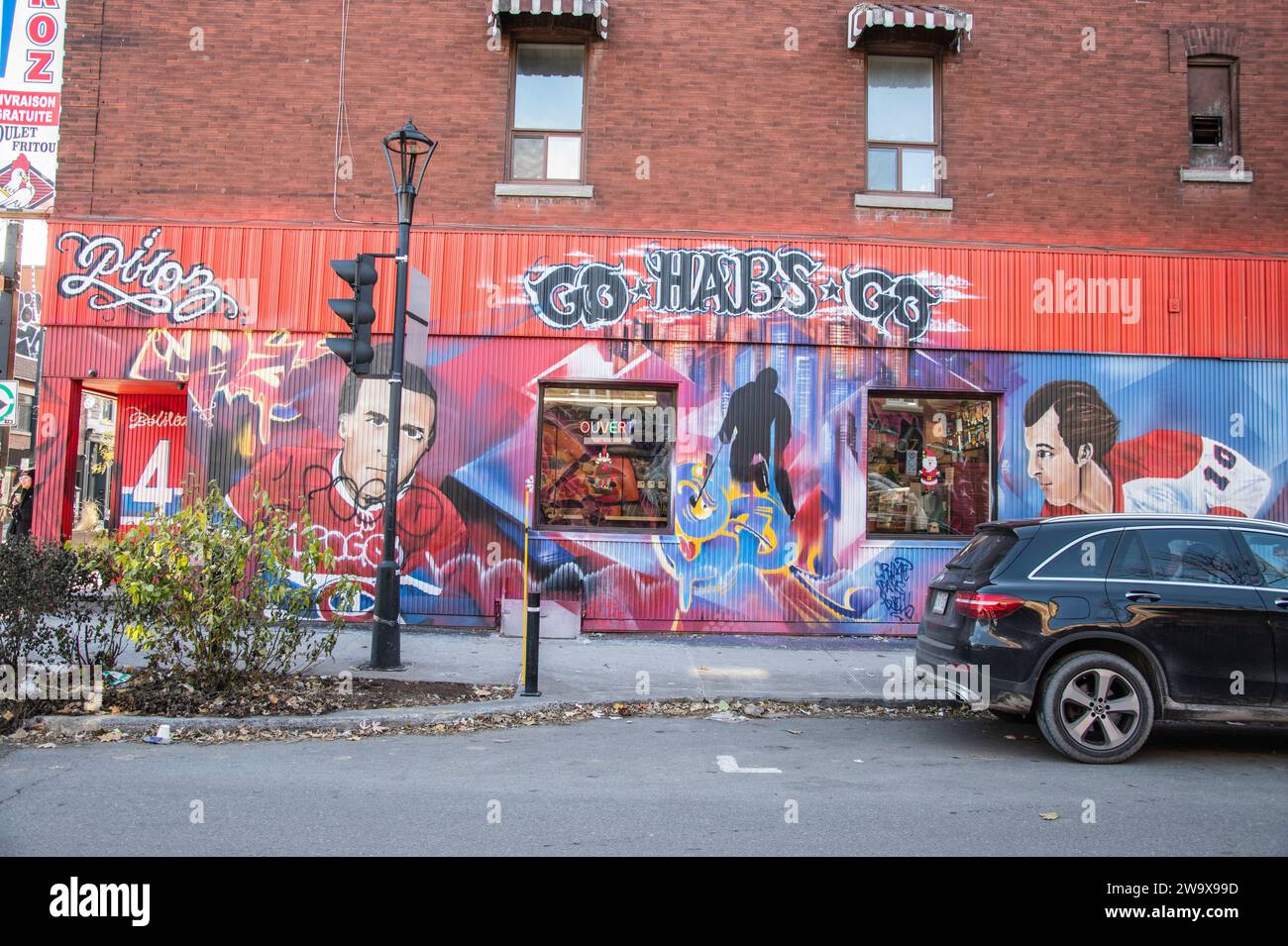 Go Habs Go hockey mural in Hochelaga neighborhood in Montreal, Quebec, Canada Stock Photo