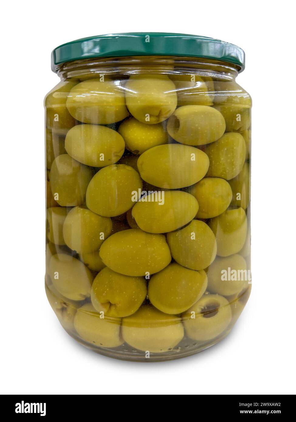 Pitted green olives in brine in glass jar isolated on white with