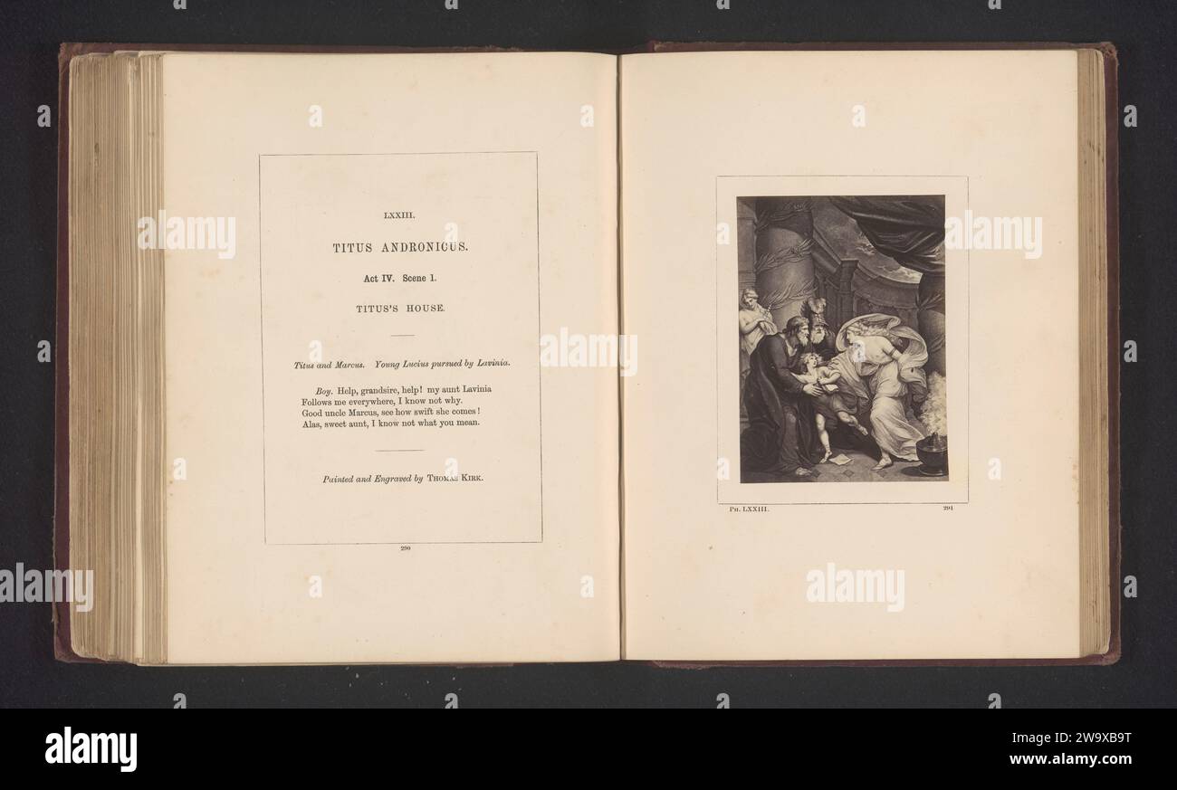 Photo production from a print to a painting by Thomas Kirk, representing a scene from Titus Andronicus by William Shakespeare, Stephen Ayling, After Thomas Kirk, c. 1854 - in or before 1867 photograph You can see deed IV, scene 1 with Lucius that is being chased by Lavinia. London photographic support albumen print specific works of literature Stock Photo