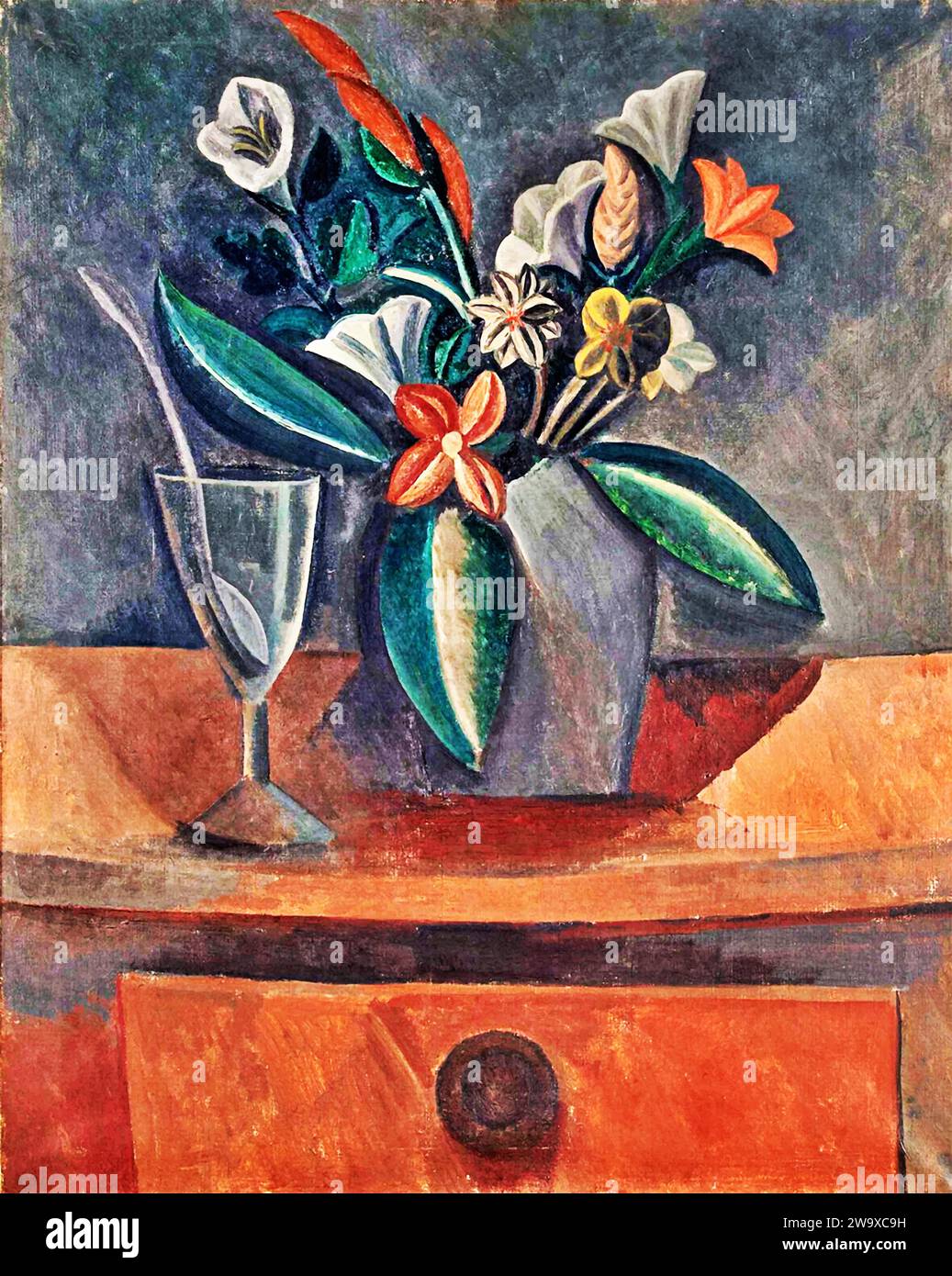 Flowers in a Grey Jar, 1908 (Painting) by Artist Picasso, Pablo (1881-1973) Spanish. Stock Vector