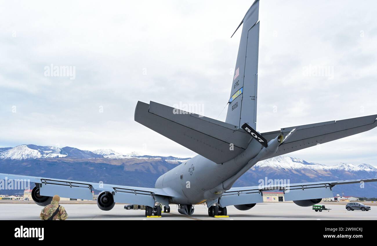A KC-135 Stratotanker assigned to the 507th Air Refueling Wing sits on ...