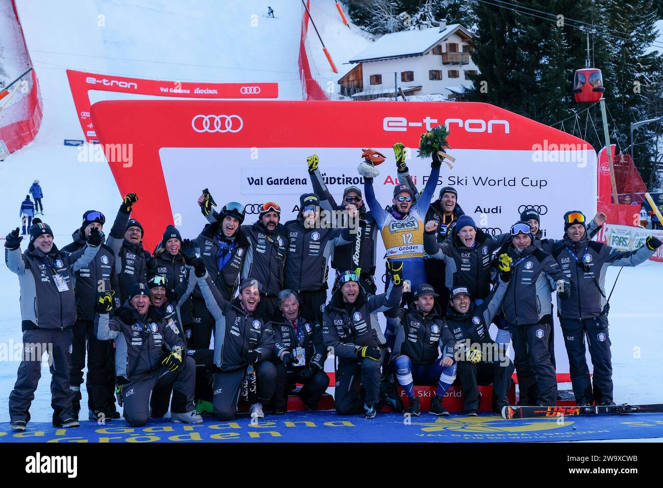 Italian Ski Team and Dominik Paris (ITA) competes during the Audi FIS Alpine Ski World Cup, MenÕs Downhill race on Saslong Slope in Val Gardena on Dec Stock Photo