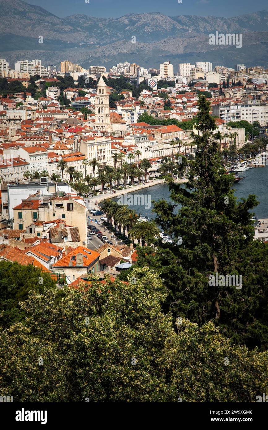 Split, historically known as Spalato spread out on the Adriatic coast of Croatia. Stock Photo
