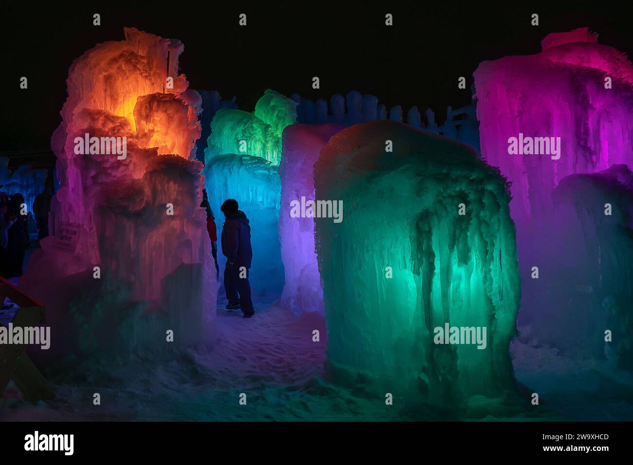 The Ice Castle in Cripple Creek Colorado. Tons of ice and colored lights in the ice castle