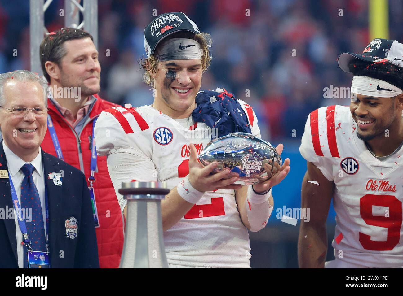 Atlanta, 30th Dec, 2023. Jaxson Dart of Ole Miss holds the