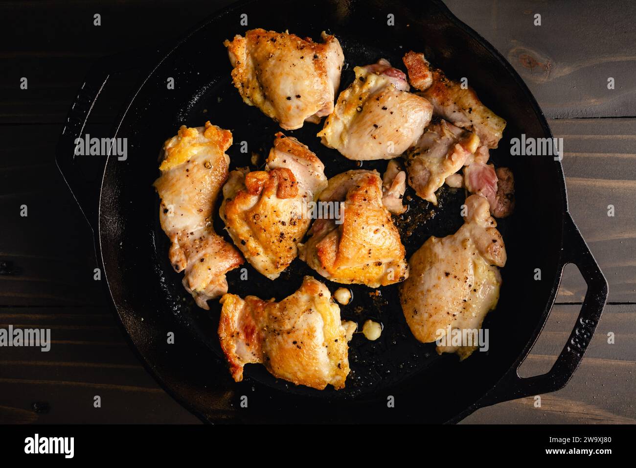 Browned Boneless Skinless Chicken Thighs in a CastIron Pan Panseared