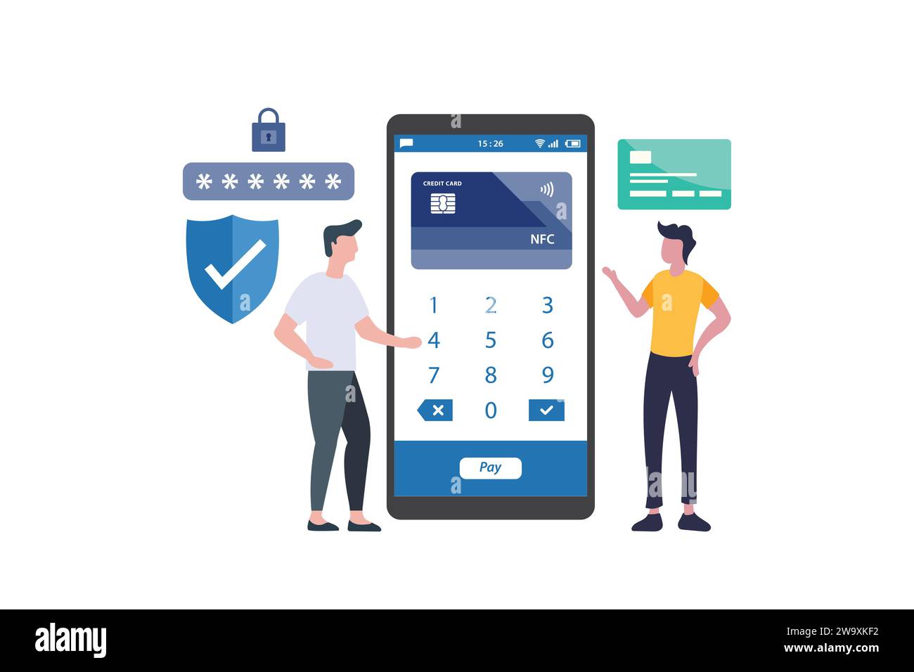 Vector illustration of two men with secure payment concept. credit card ...