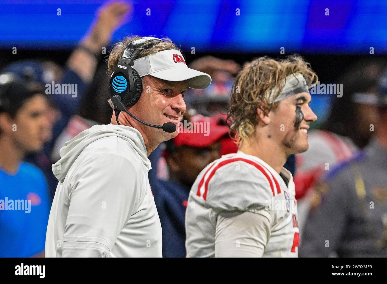 Atlanta, United States. 30th Dec, 2023. Mississippi head coach Lane Kiffin reacts on the sidelines with quarterback Jaxson Dart (2) as time runs out against Penn State in the second half of the Peach Bowl NCAA college football game Saturday, Dec. 30, 2023, in Atlanta, Ga. Mississippi won 38-25. Photo by David Tulis/UPI Credit: UPI/Alamy Live News Stock Photo