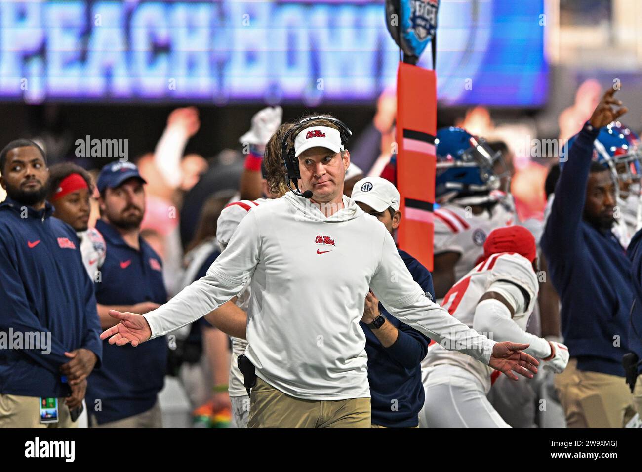 Atlanta, United States. 30th Dec, 2023. Mississippi head coach Lane Kiffin reacts on the sidelines as time runs out against Penn State during the second half of the Peach Bowl NCAA college football game Saturday, Dec. 30, 2023, in Atlanta, Ga. Mississippi won 38-25. Photo by David Tulis/UPI Credit: UPI/Alamy Live News Stock Photo