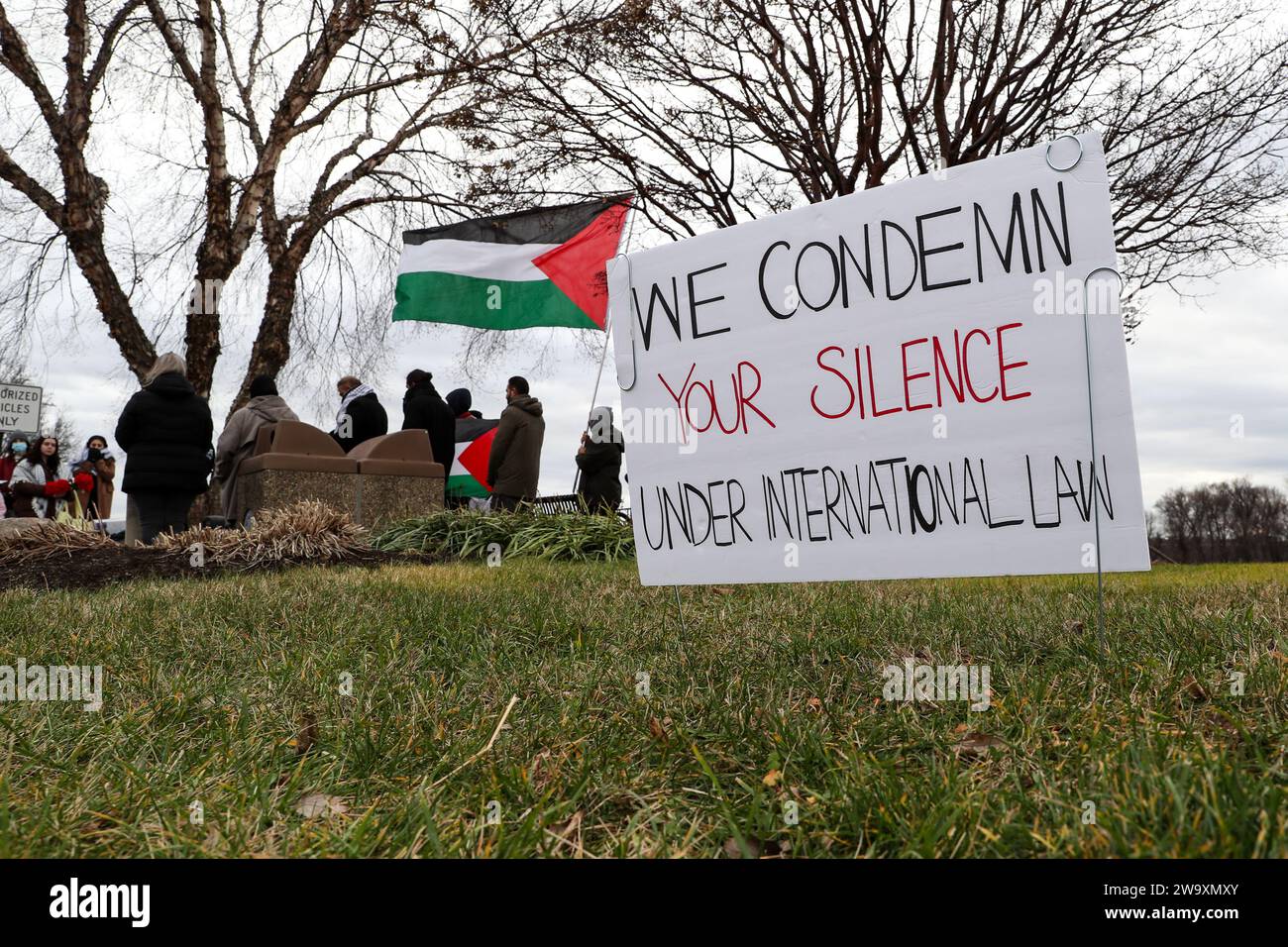 Harrisburg, United States. 30th Dec, 2023. Palestine supporters gather near the Pennsylvania Governor's Residence in Harrisburg Pa. on December 30, 2023. Demonstrators placed more than 20,000 flags along Front Street, one for each person killed in Gaza since the beginning of the Israel-Hamas War. (Photo by Paul Weaver/Sipa USA) Credit: Sipa USA/Alamy Live News Stock Photo