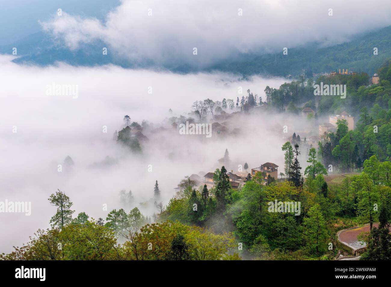 The cottage in the morning fog of Ailao Mountain, Yuanyang County, Honghe Prefecture, Yunnan Province, China. Stock Photo