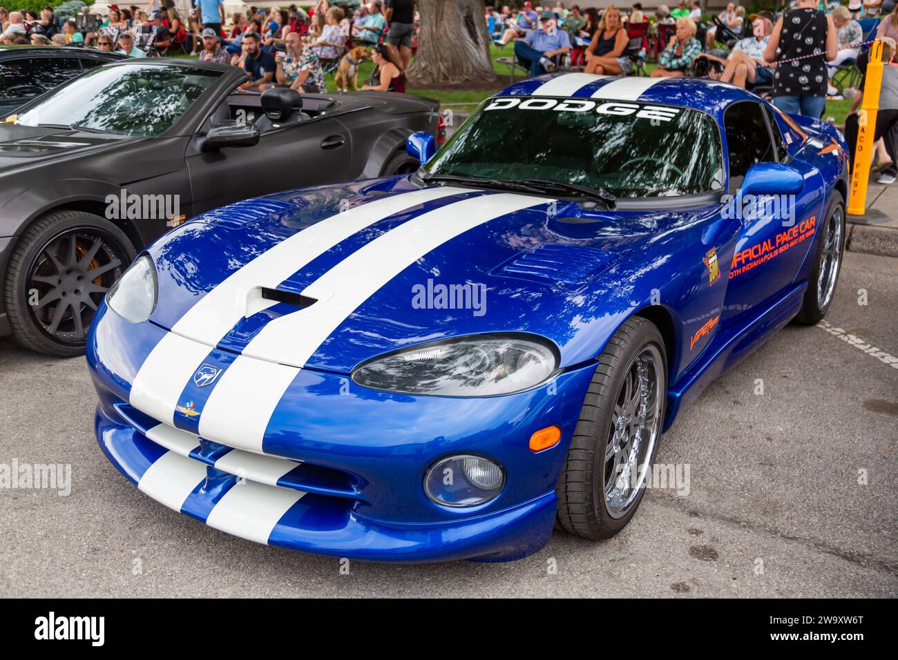 This blue 1996 Dodge Viper Indianapolis 500 Pace Car is on display as part of the Fast and Fabulous car show in downtown Auburn, Indiana, USA. Stock Photo