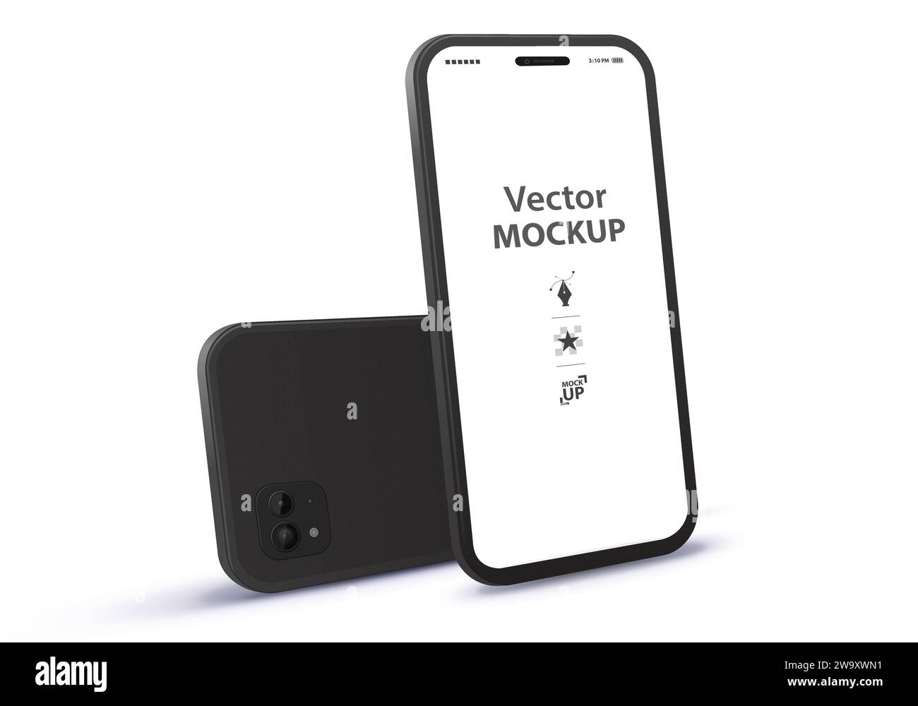 Black Mobile Phone Vector Mockup with Front and Back Perspective View. Blank screen smartphone illustration isolated on white background. Stock Vector