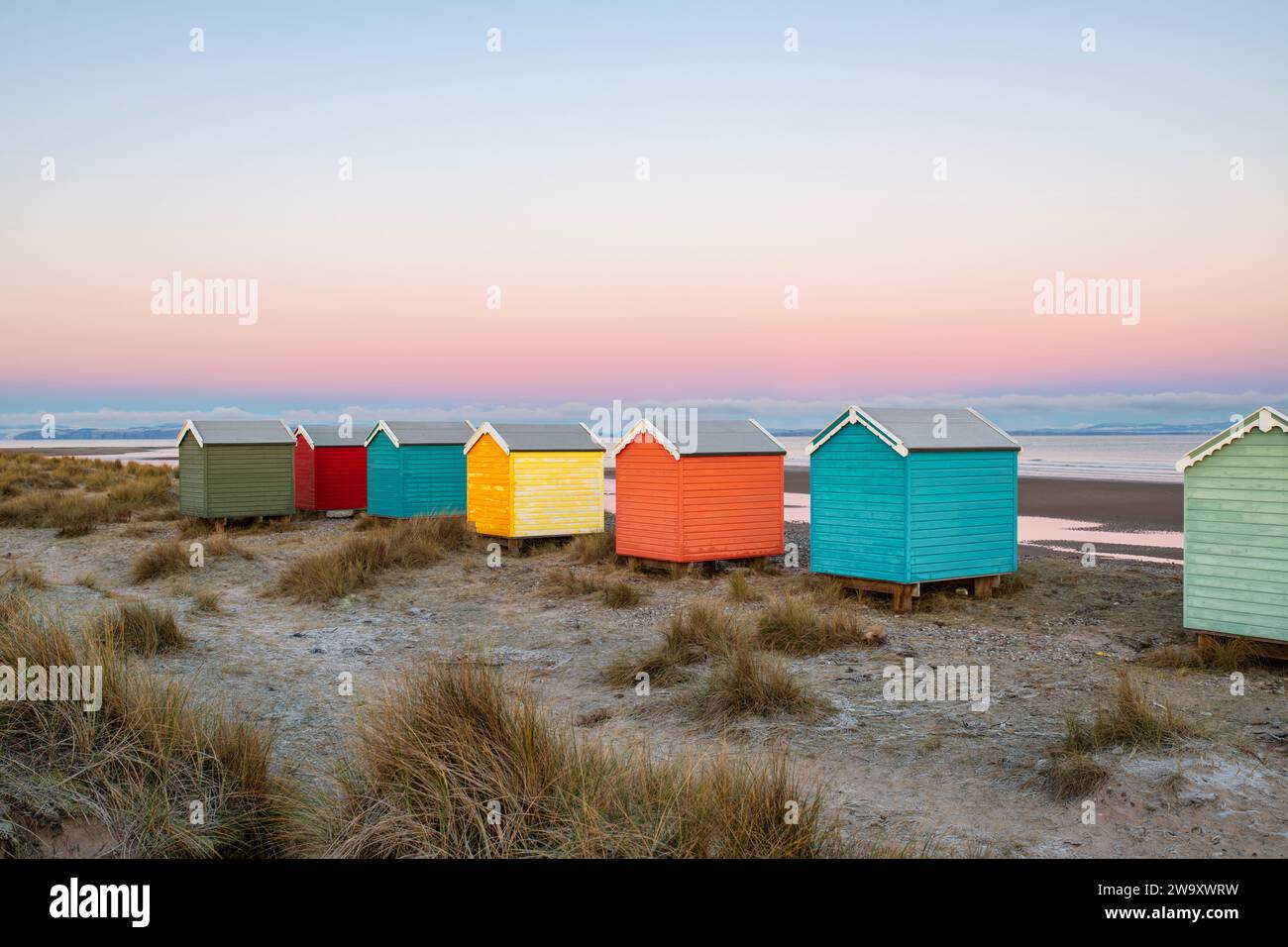 Findhorn Beach huts at dawn. Findhorn, Morayshire, Scotland. Stock Photo