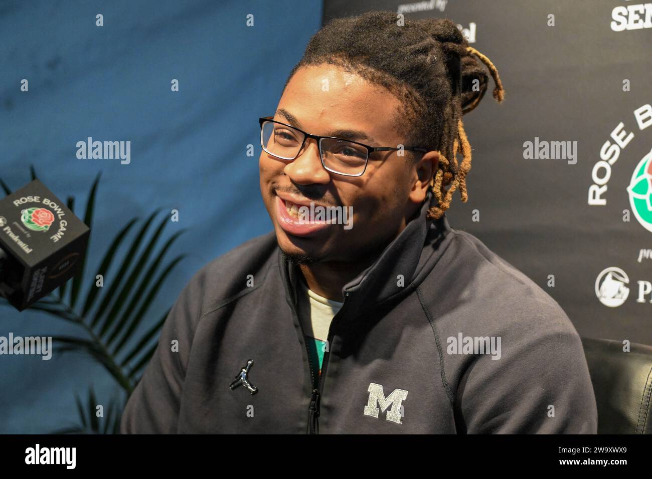 Michigan Wolverines defensive tackle Kris Jenkins during Rose Bowl media day, Saturday, Dec. 30, 2023, in Pasadena, Calif. Stock Photo