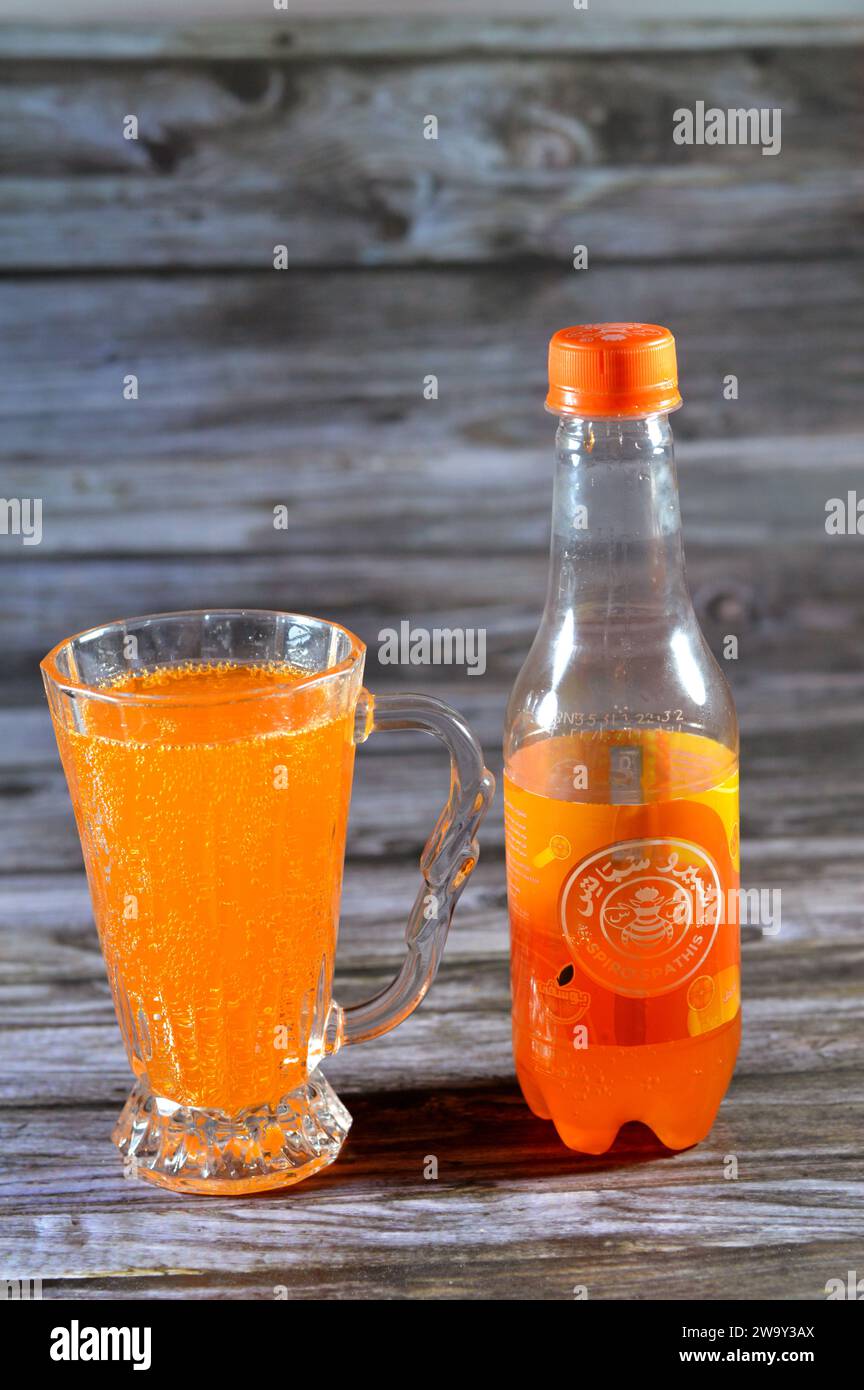 Cairo, Egypt, December 25 2023: Spiro Spathis mandarin orange soda drink, Spiro Spathis Company was established in 1920 by Greek Foreigner SpiroSpathi Stock Photo
