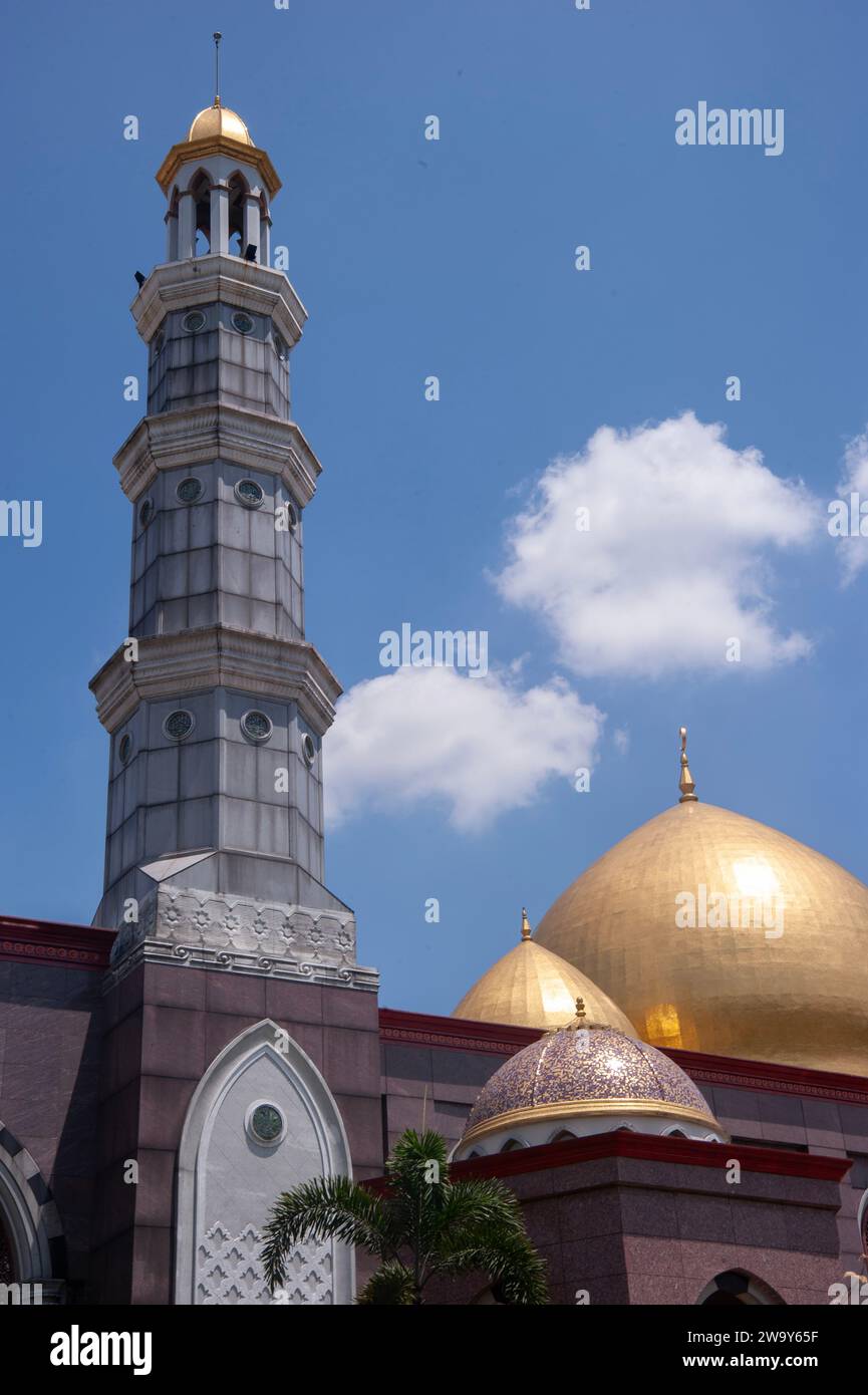 Minaret and domes, Dian AlMahri Mosque, also known as Golden Dome Mosque, Depok, Jakarta, West