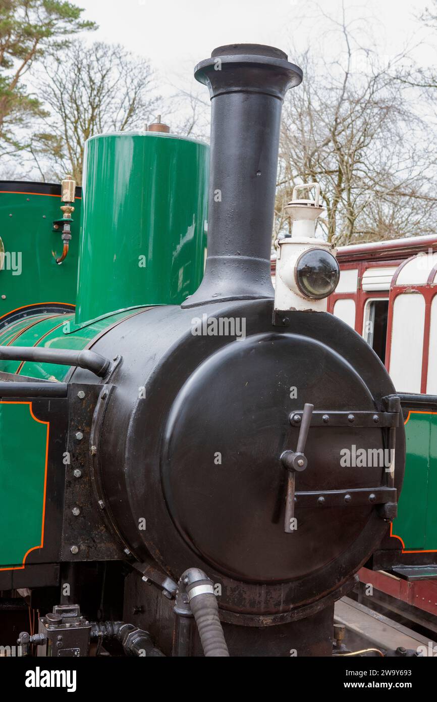 Closeup of the funnel, steam dome and smoke box door of the steam