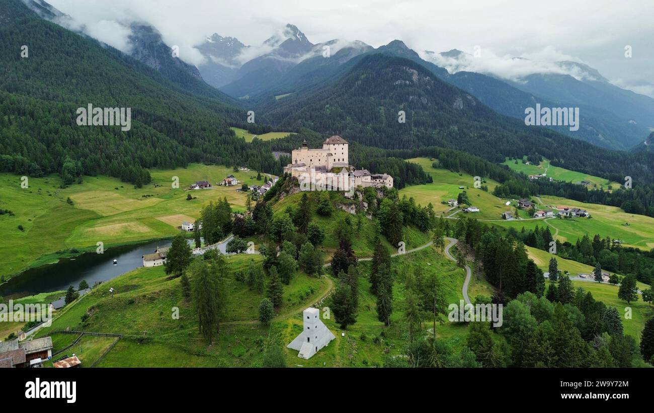 drone photo Tarasp castle, Schloss Tarasp Switzerland Europe Stock Photo