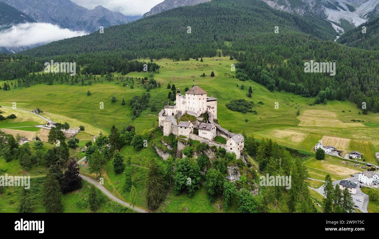 Drone Photo Tarasp Castle Schloss Tarasp Switzerland Europe Stock Drone Photo Tarasp Castle Schloss Tarasp Switzerland Europe Stock