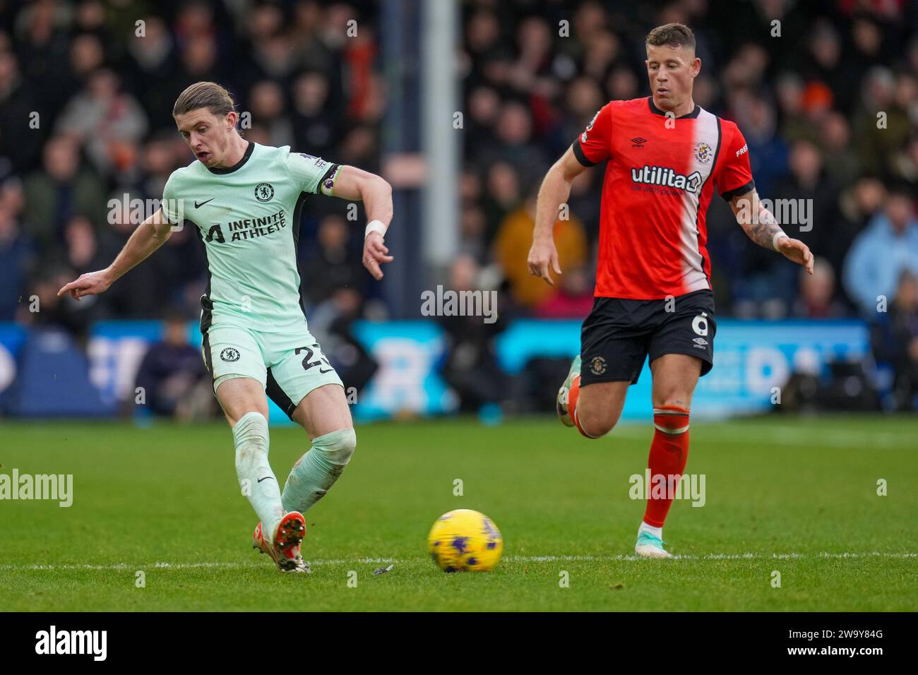 Luton, UK. 30th Dec, 2023. Conor Gallagher (23) of Chelsea and Ross Barkley (6) of Luton Town during the Premier League match between Luton Town and Chelsea at Kenilworth Road, Luton, England on 30 December 2023. Photo by David Horn. Credit: PRiME Media Images/Alamy Live News Stock Photo