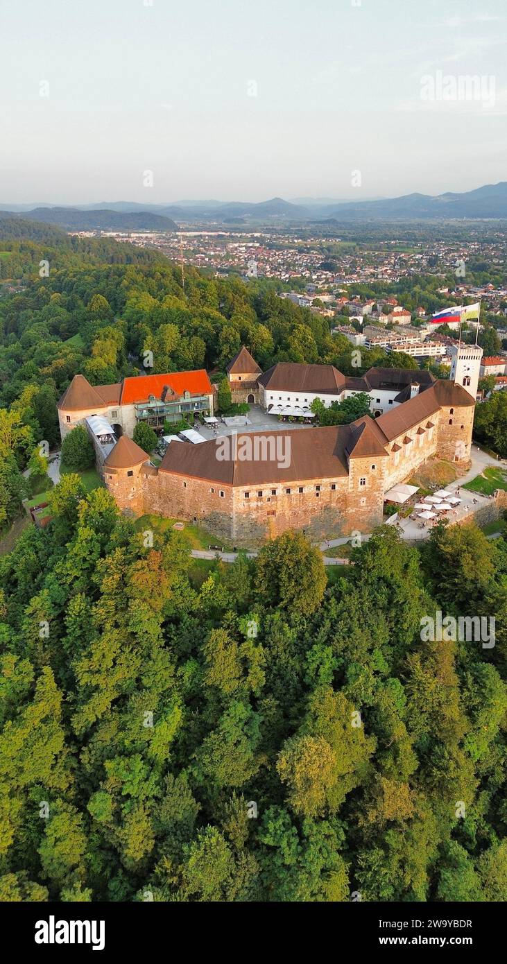 drone photo Ljubljana castle, Ljubljanski grad Ljubljana Slovenia Europe Stock Photo