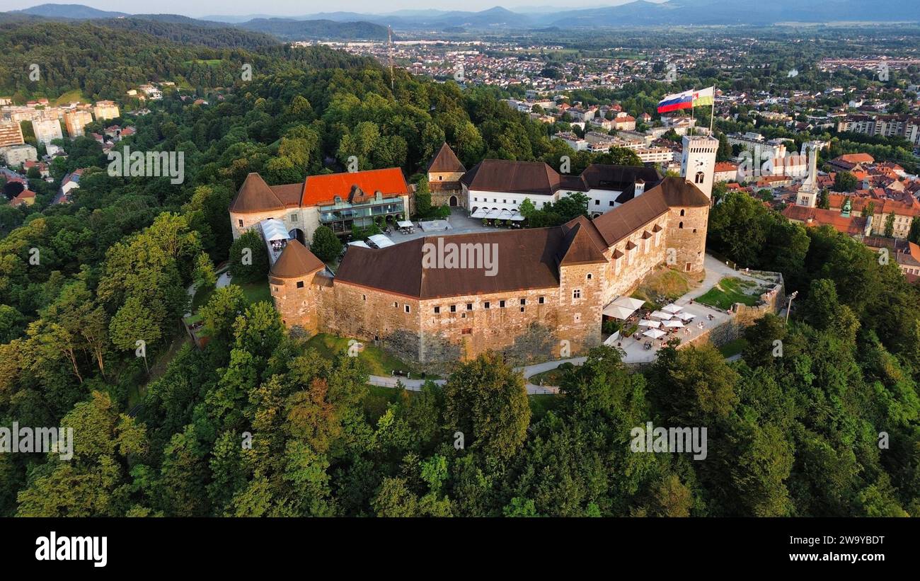 drone photo Ljubljana castle, Ljubljanski grad Ljubljana Slovenia Europe Stock Photo