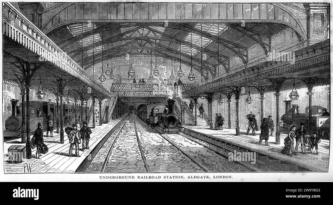 Engraving of the underground railroad station, Aldgate, London, from The Underground World