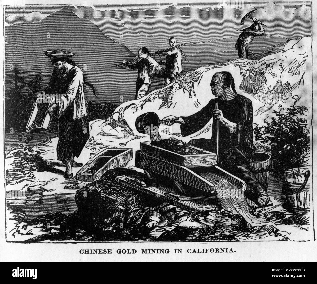 Engraving of Chinese prospectors rushing working an alluvial goldfield in California, common practice throughout the USA, New Zealand and Australia during the late 1800s, from The Underground World, circa 1878 Stock Photo
