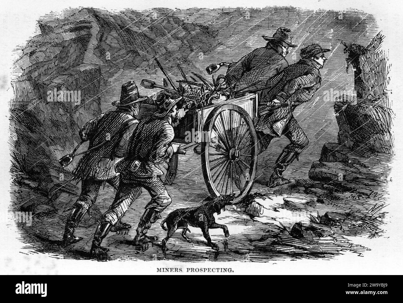 Engraving of prospectors rushing to an alluvial goldfield, common practice throughout the USA, New Zealand and Australia during the late 1800s, from The Underground World, circa 1878 Stock Photo