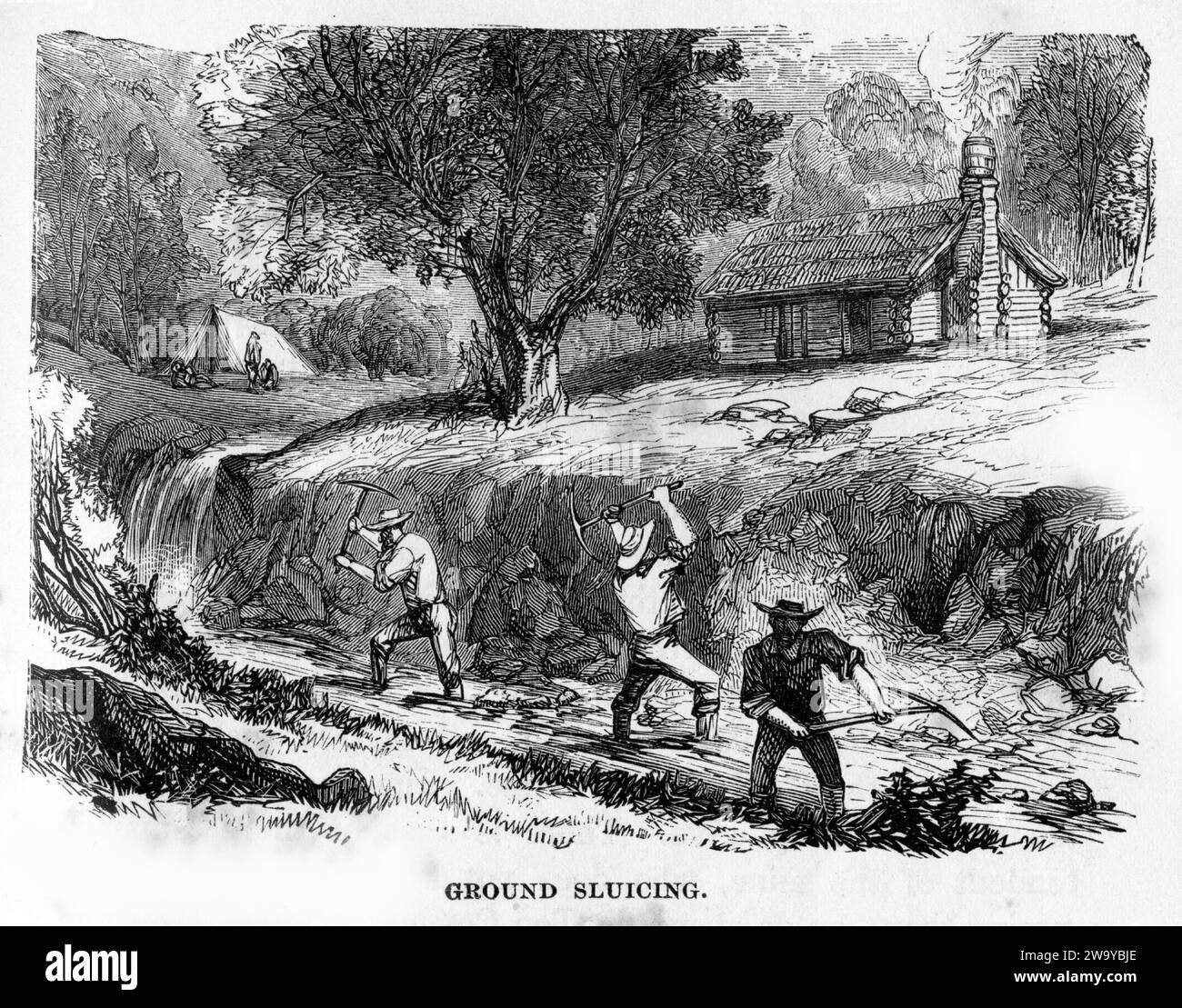 Engraving of a ground sluicing operation on an alluvial goldfield, common practice throughout the USA, New Zealand and Australia during the late 1800s, from The Underground World, circa 1878 Stock Photo