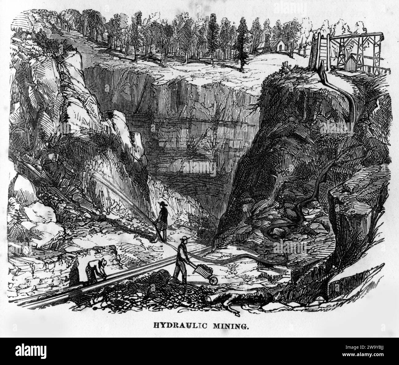 Engraving of an hydraulic sluicing on an alluvial goldfield, common practice throughout the USA, New Zealand and Australia during the late 1800s, from The Underground World, circa 1878 Stock Photo