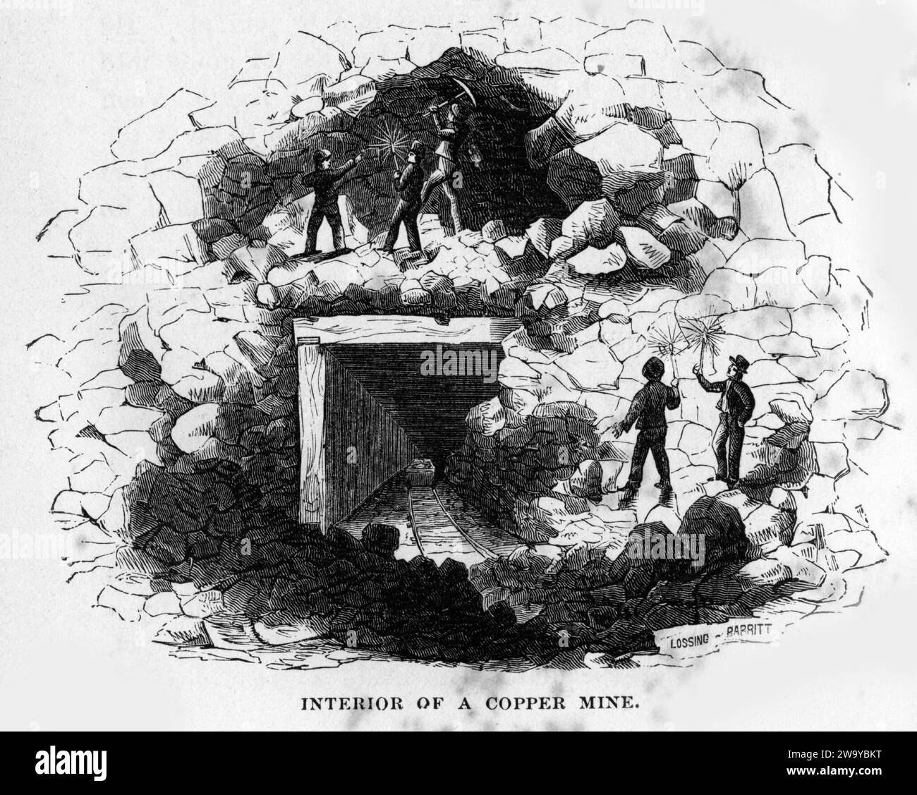 Engraving of the interior of a copper mine, from The Underground World, circa 1878 Stock Photo