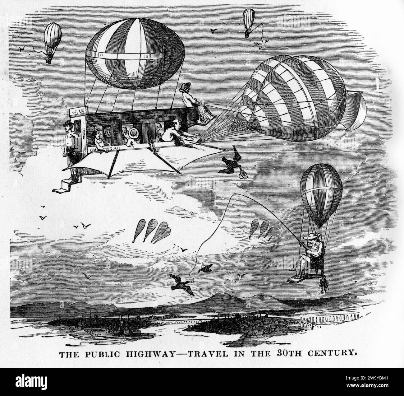 Engraving of predicted travel methods in the 30th century, circa 1878 Stock Photo