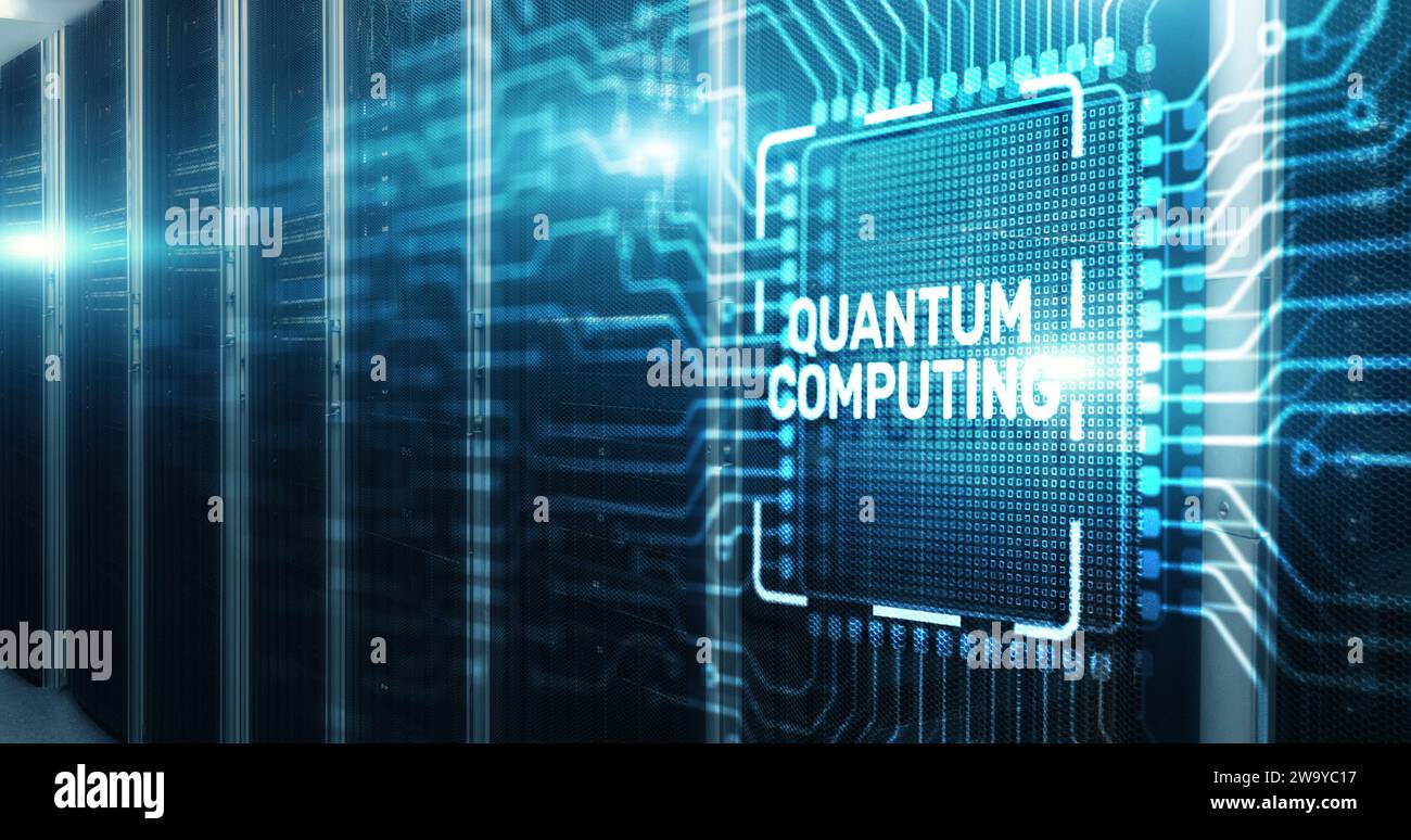 Quantum computing concept. The inscription on 3d Electronic Circuit Board Chip. Stock Photo
