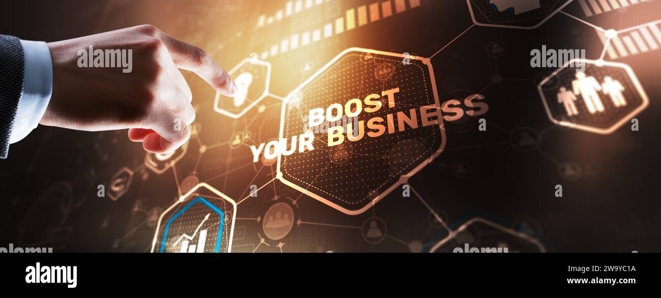 Boost Your Business 2024. Businessman touching finger virtual screen. Stock Photo