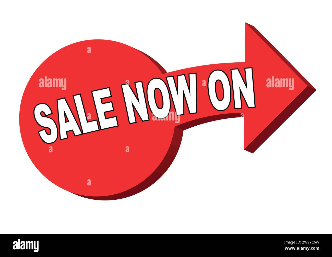 A large rede arrow indicating the direction of the sale now on over a white background Stock Vector