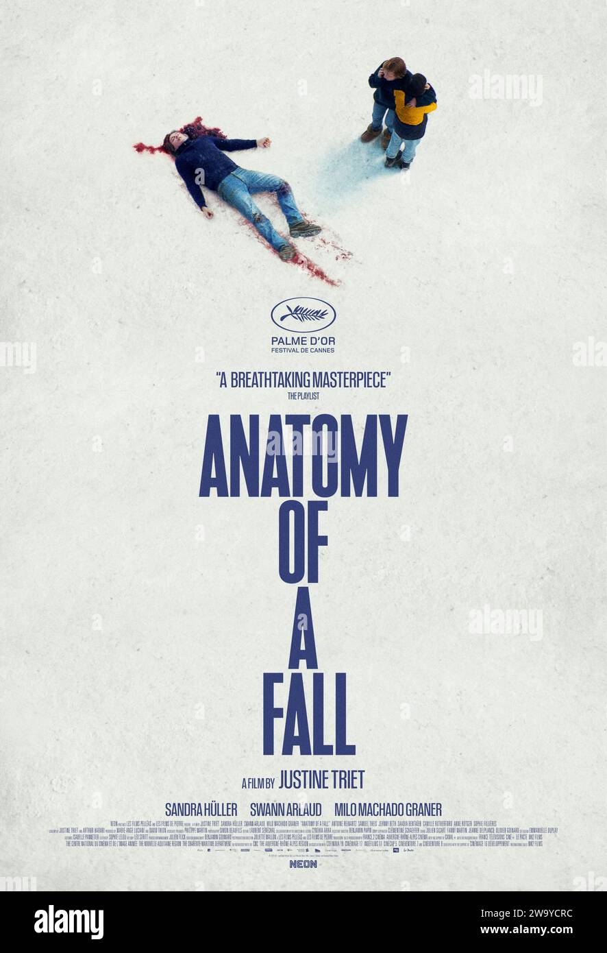 Anatomy of a Fall (2023) directed by Justine Triet and starring Sandra Hüller, Swann Arlaud and Milo Machado Graner. A woman is suspected of her husband's murder, and their blind son faces a moral dilemma as the main witness. US one sheet poster ***EDITORIAL USE ONLY***. Credit: BFA / Neon Stock Photo