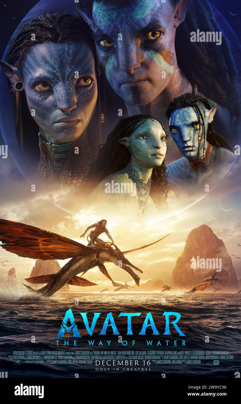 Avatar: The Way of Water (2023) directed by James Cameron and starring Sam Worthington, Zoe Saldana and Sigourney Weaver. Jake Sully lives with his newfound family formed on the extrasolar moon Pandora. Once a familiar threat returns to finish what was previously started, Jake must work with Neytiri and the army of the Na'vi race to protect their home. US one sheet poster ***EDITORIAL USE ONLY***. Credit: BFA / 20th Century Studios Stock Photo