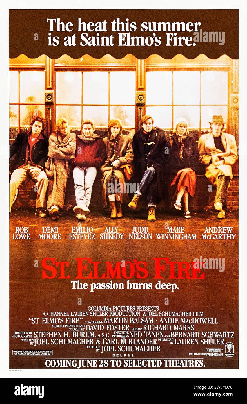 St. Elmo's Fire (1985) directed by Joel Schumacher and starring Demi Moore, Rob Lowe, Emilio Estevez and Andrew McCarthy. A group of friends who have just graduated struggle with adulthood. Photograph of an original 1985 US one sheet poster ***EDITORIAL USE ONLY***. Credit: BFA / Private Collection / Columbia Pictures Stock Photo