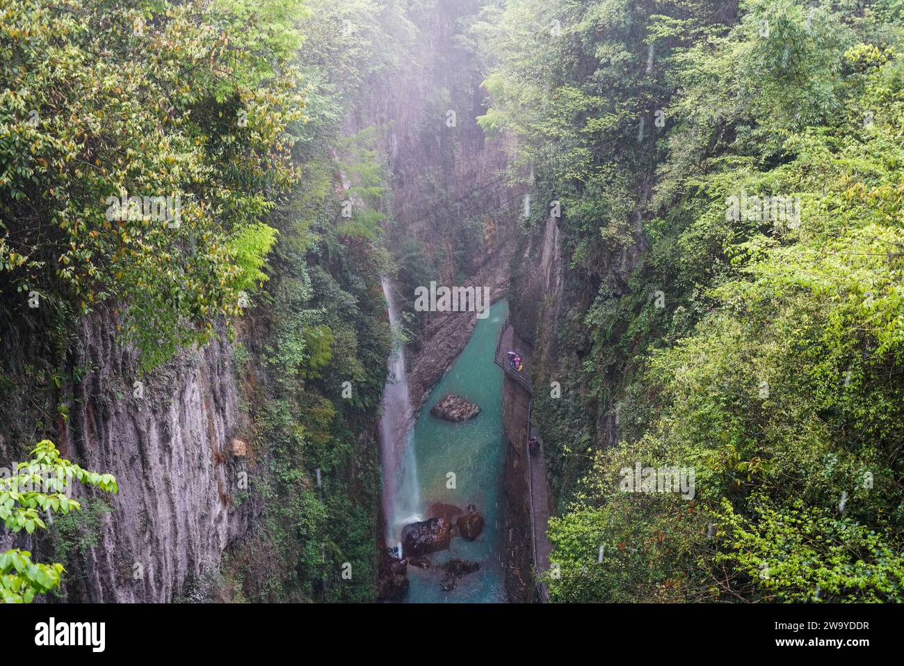 Lush trees, greenery and waterfalls make it look like a peaceful paradise. Enshi Yunlong Gorge is a 'karst terrain' in the field of geology. Hubei, Ch Stock Photo