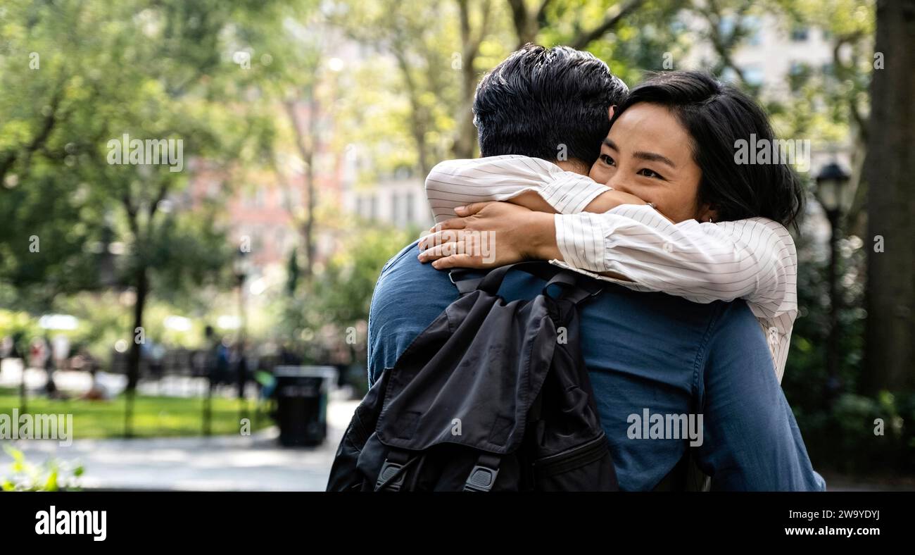 Past Lives (2023) directed by Celine Song and starring Greta Lee, Teo Yoo and John Magaro. Nora and Hae Sung, two deeply connected childhood friends, are wrested apart after Nora's family emigrates from South Korea. Twenty years later, they are reunited for one fateful week as they confront notions of love and destiny. Publicity photograph ***EDITORIAL USE ONLY***. Credit: BFA / A24 Stock Photo