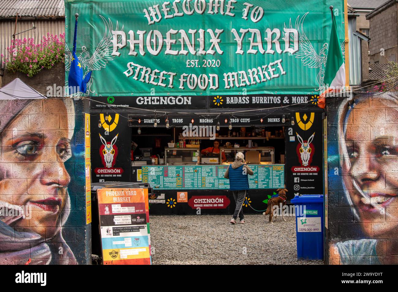 Ireland, Munster, Waterford, O’Connell Street, mural painting on Phoenix Yard street food market wall Stock Photo