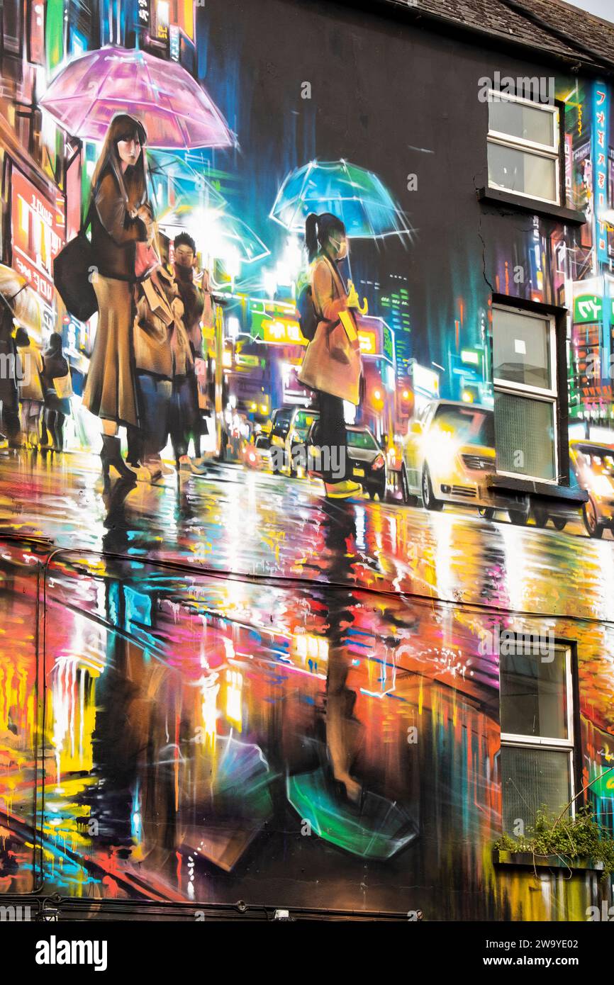 Ireland, Munster, Waterford, O’Connell Street, Neon Waves, Tokyo night mural painting by Dan Kitchener on Vulcan Street junction, detail Stock Photo