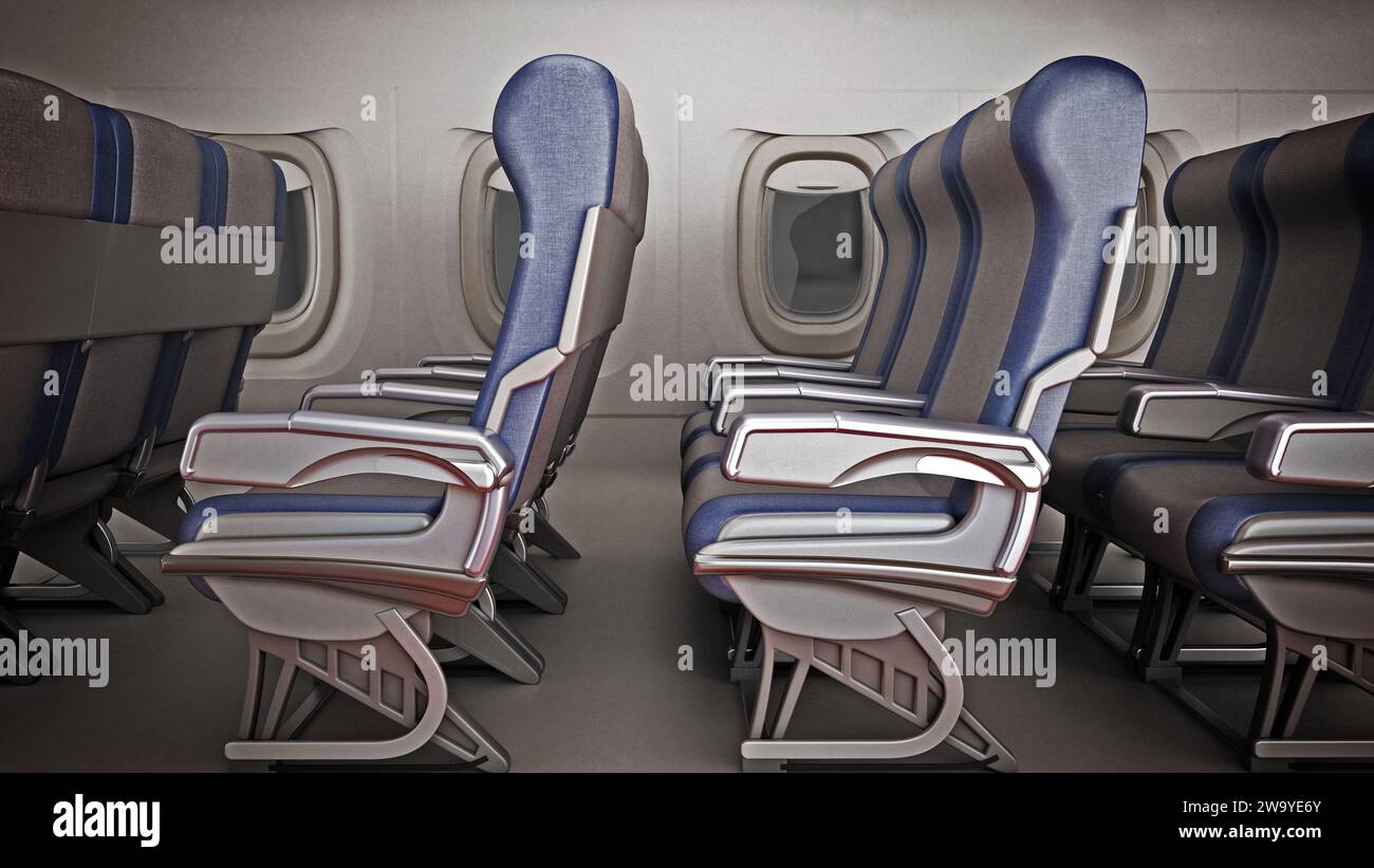 View of an airplane corridor with row of seats. 3D illustration Stock ...