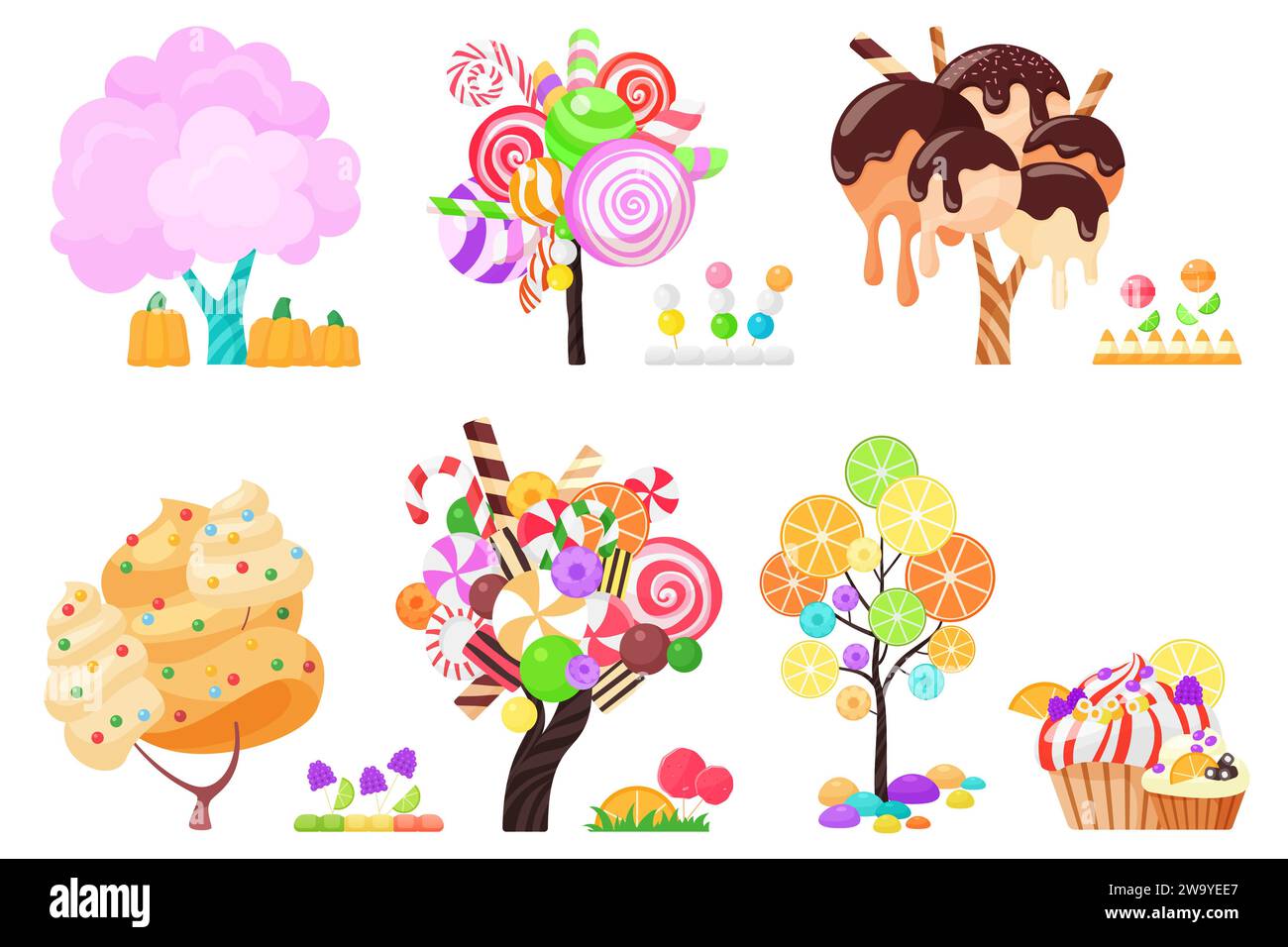 Candy trees set. Fairy plants of magic confectionery land with whipped
